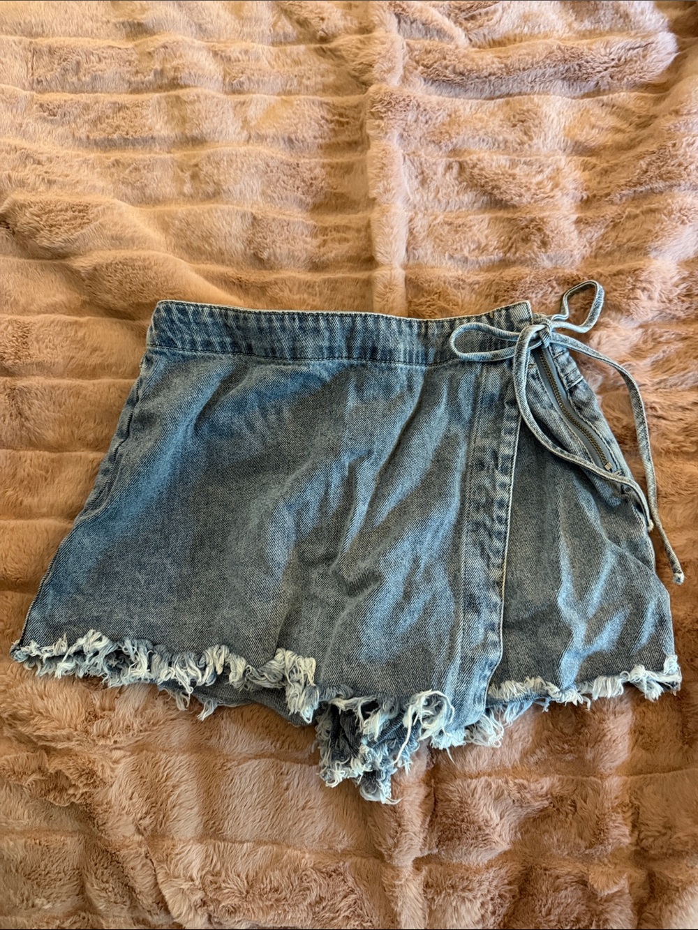 Frayed Wrap Denim Skort with Wrap Around Side Tie - Blue